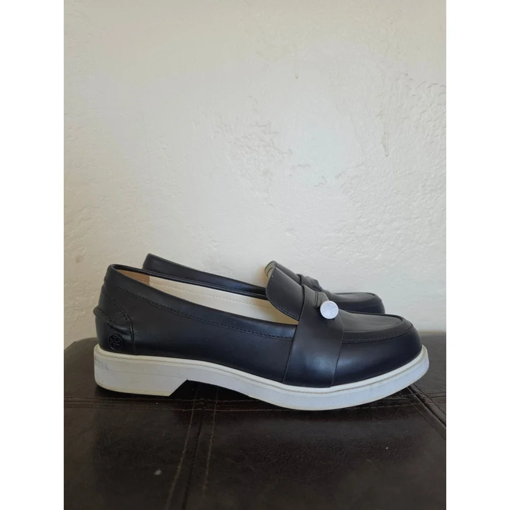 Tory Burch Navy Blue Leather Logo Minimalist Old Money Coastal Loafers sz 6